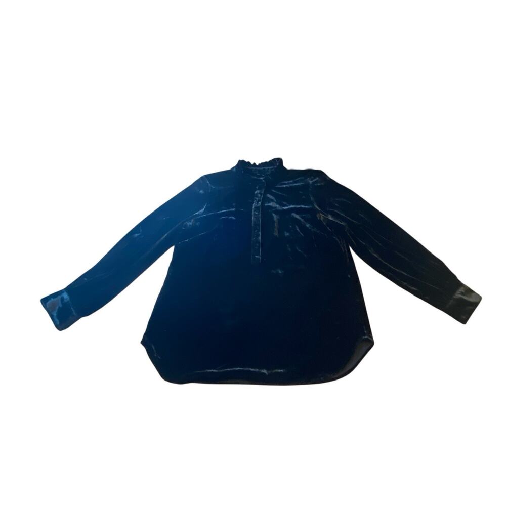 Talbots Black Velvet Long-Sleeve Blouse Ruffled Mandarin Collar Sz L Holiday - Picture 5 of 16